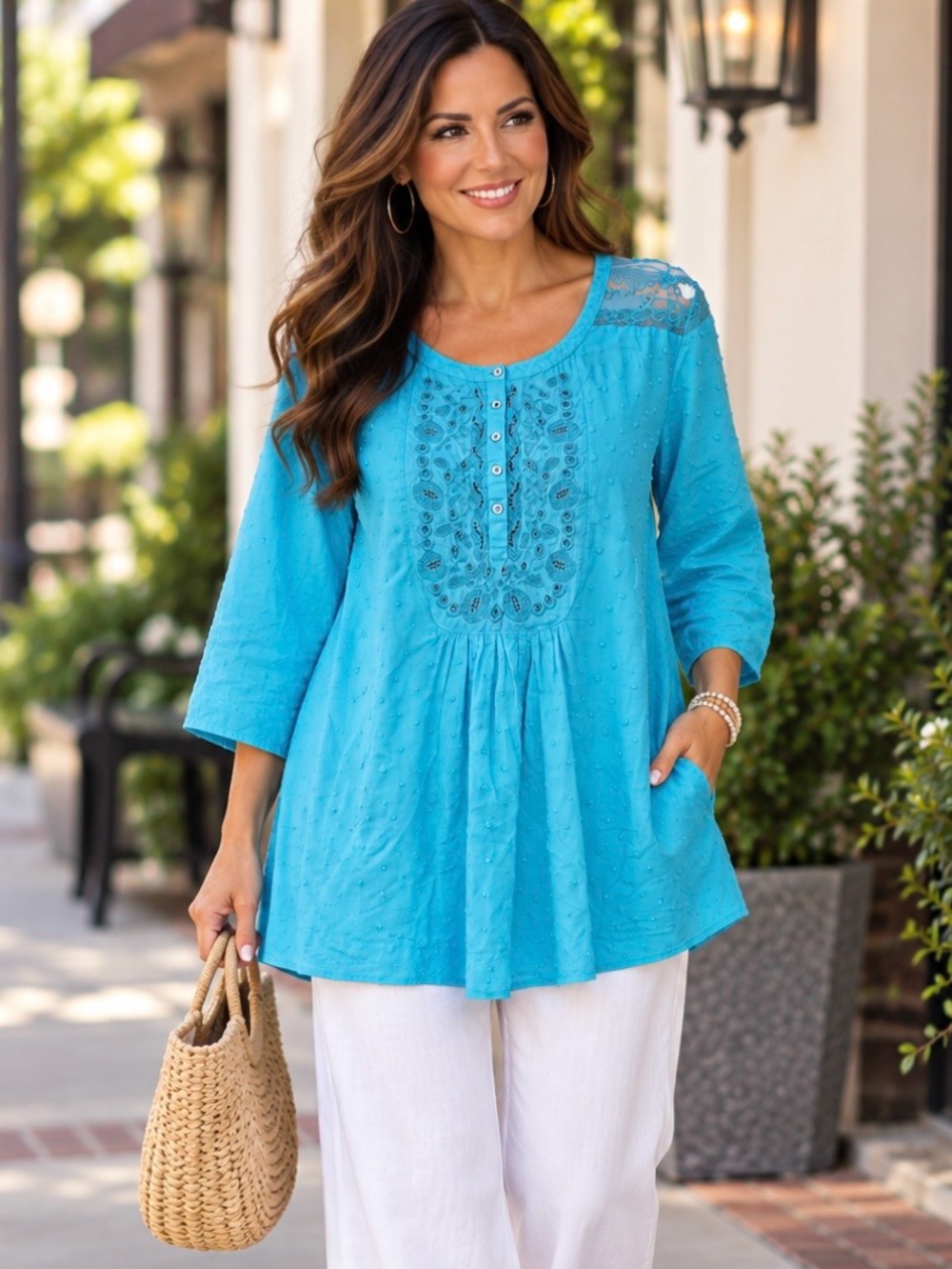 Denim 24/7  Bright Turquoise Embroidered Button-Front Tunic
